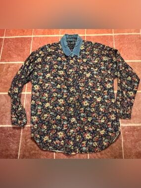 At Last Navy Floral Button-Down Shirt with Chambray Collar